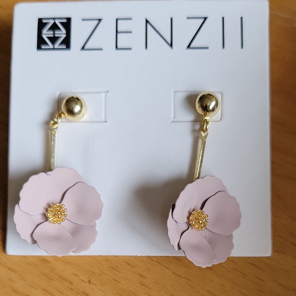 Pink and Gold Floral Earrings with Charm